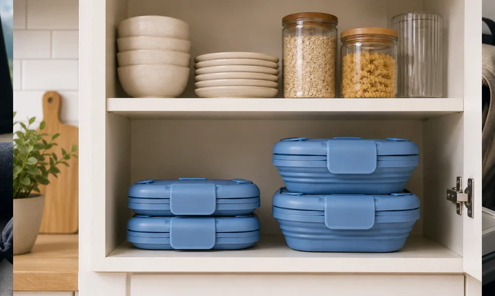 A kitchen cabinet shelf with Slursh boxes neatly stacked beside ceramic bowls and glass jars.