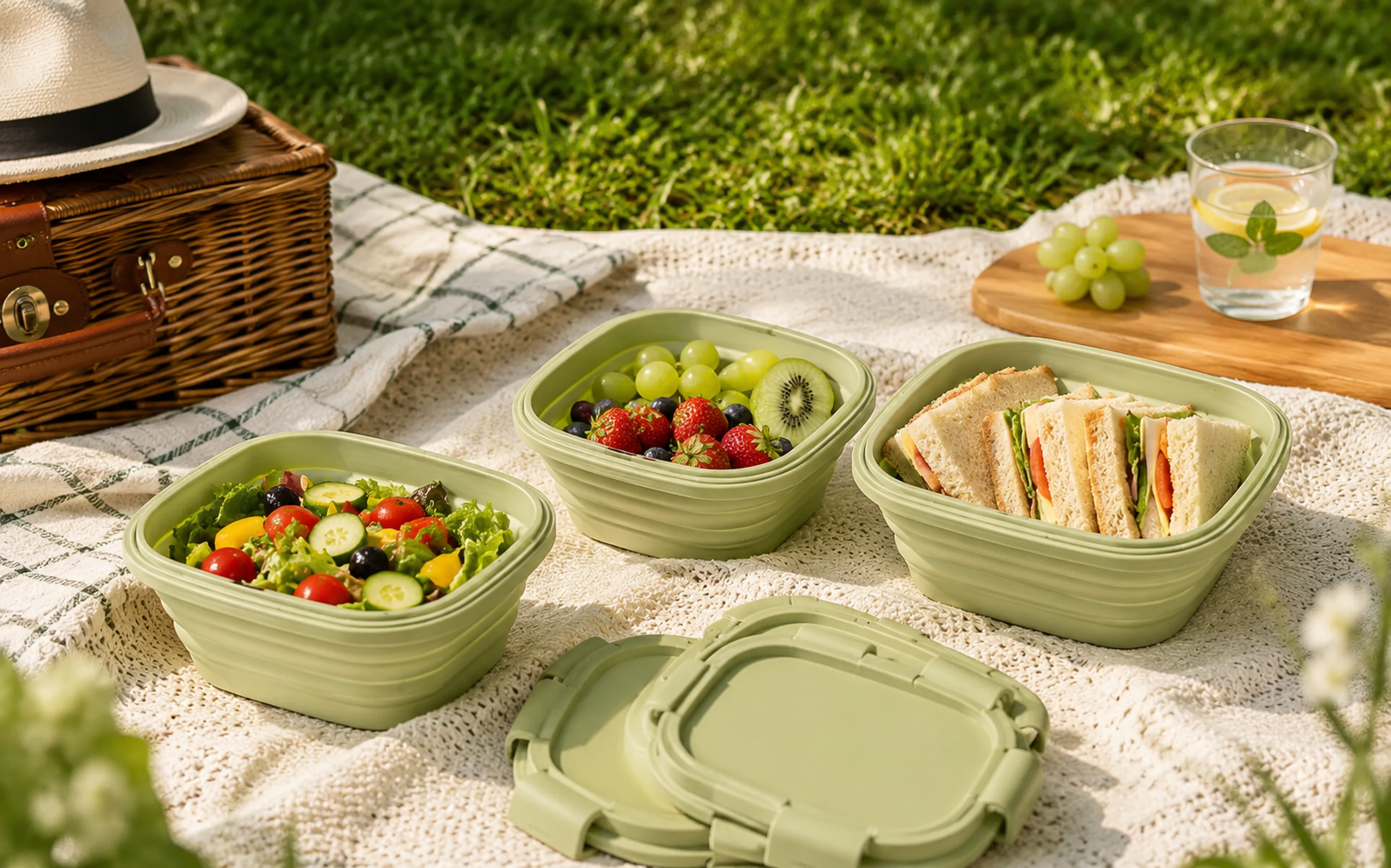 Three sage green Slursh collapsible silicone boxes on a picnic blanket holding salad, fresh fruit and sandwiches beside a wicker basket.