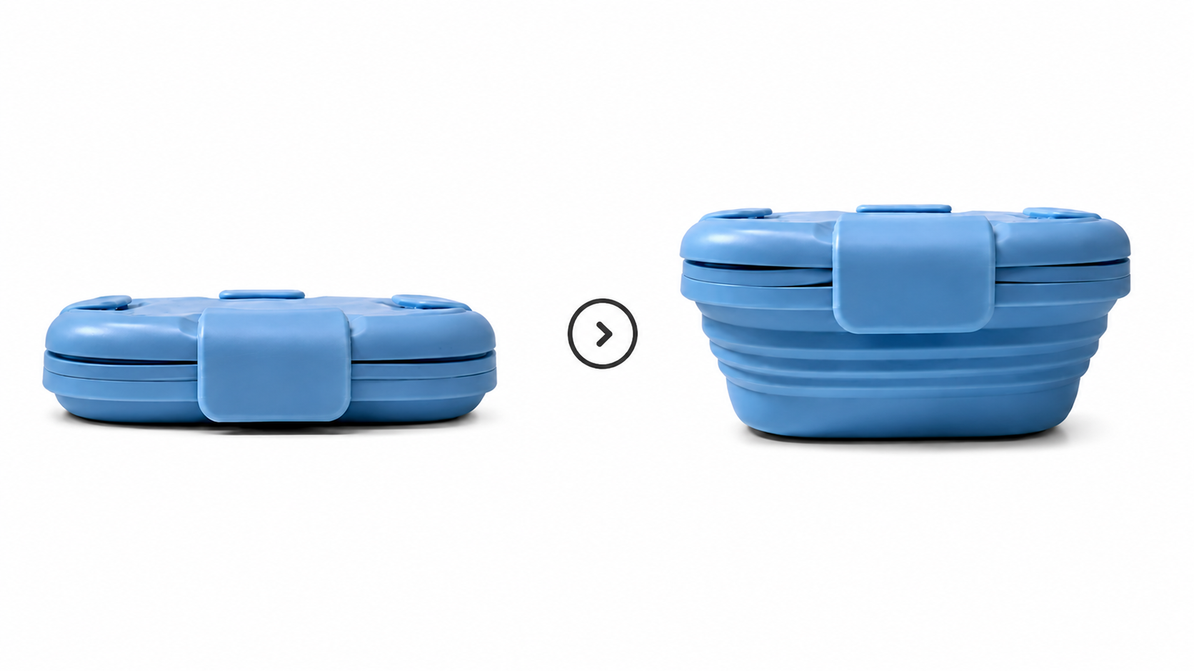 Blue Slursh collapsible silicone box shown collapsed flat on the left and fully expanded on the right.