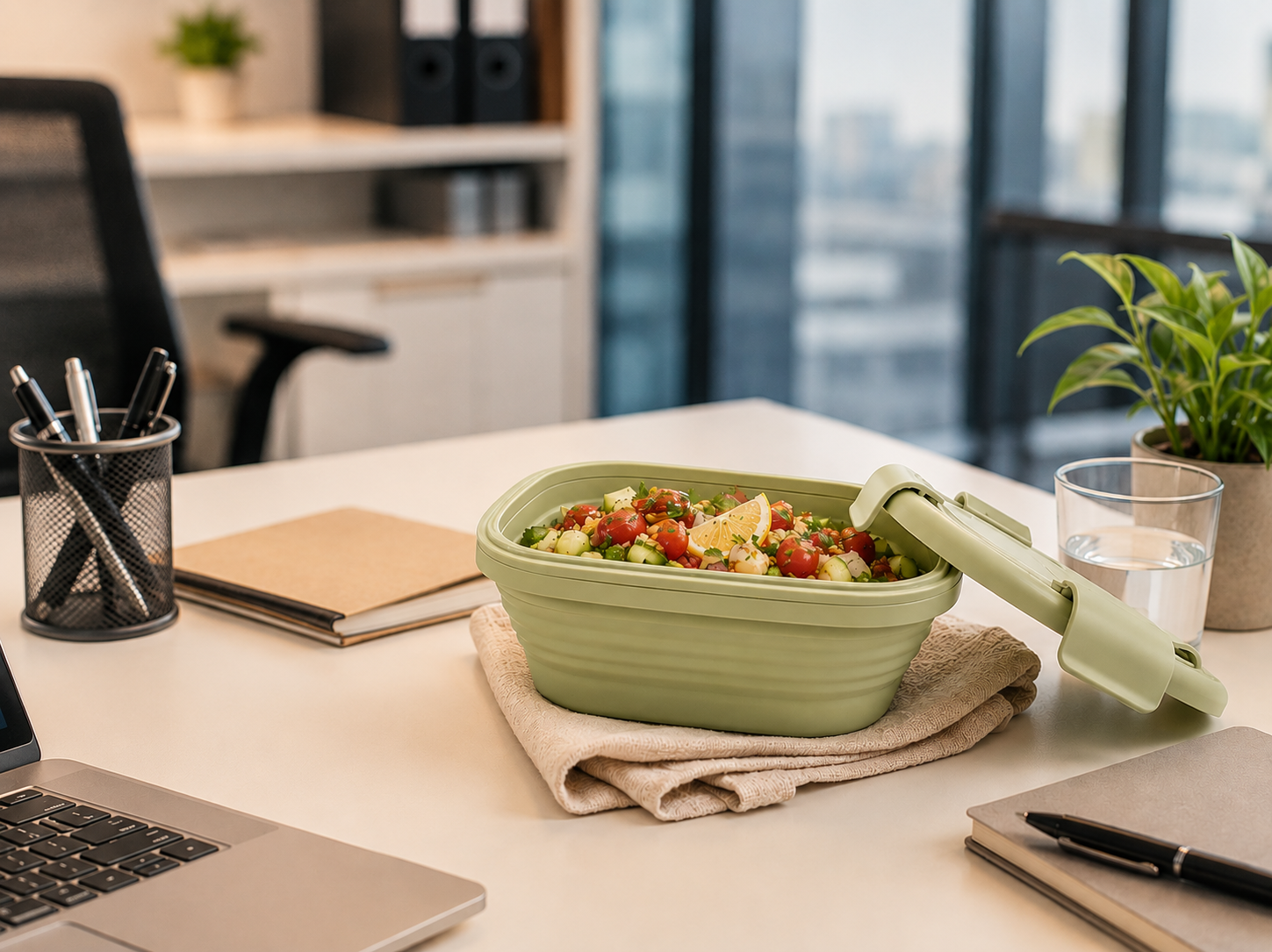 Sage green Slursh collapsible silicone box filled with a fresh salad on a bright office desk beside a laptop, notebook and plant.
