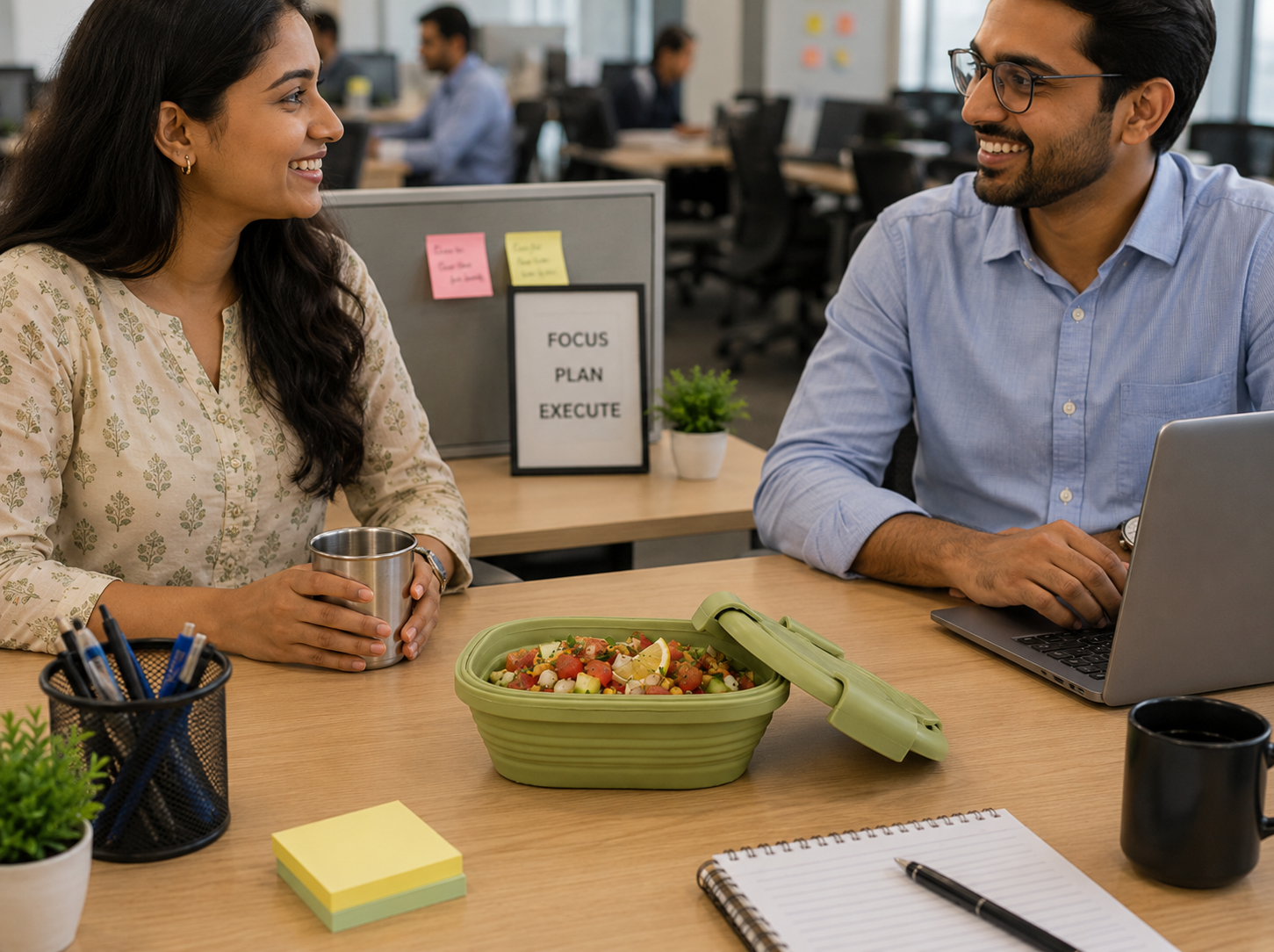 Two colleagues sharing a lunch break at an office desk with a sage green Slursh box of salad between them.