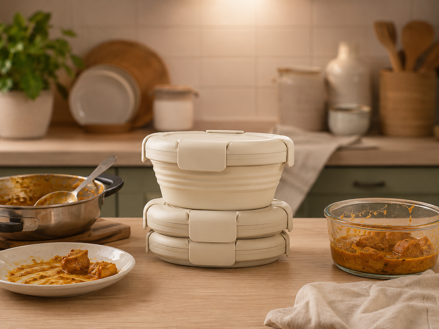 Stacked Slursh collapsible silicone boxes on a warm kitchen counter beside a curry pan and leftover bowl.