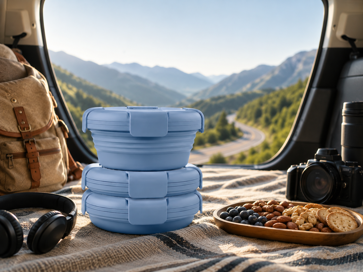 A stack of blue Slursh collapsible boxes resting in an open car trunk with mountain road views, a backpack, headphones and a tray of snacks.