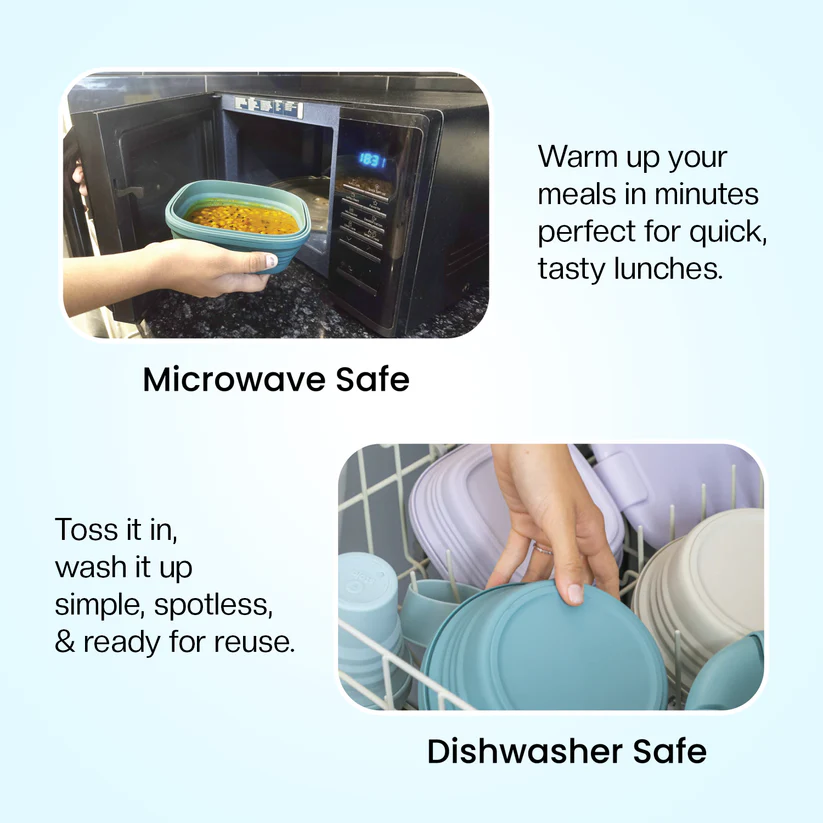 Two stacked photos: the box reheating in a microwave and resting in a dishwasher rack.